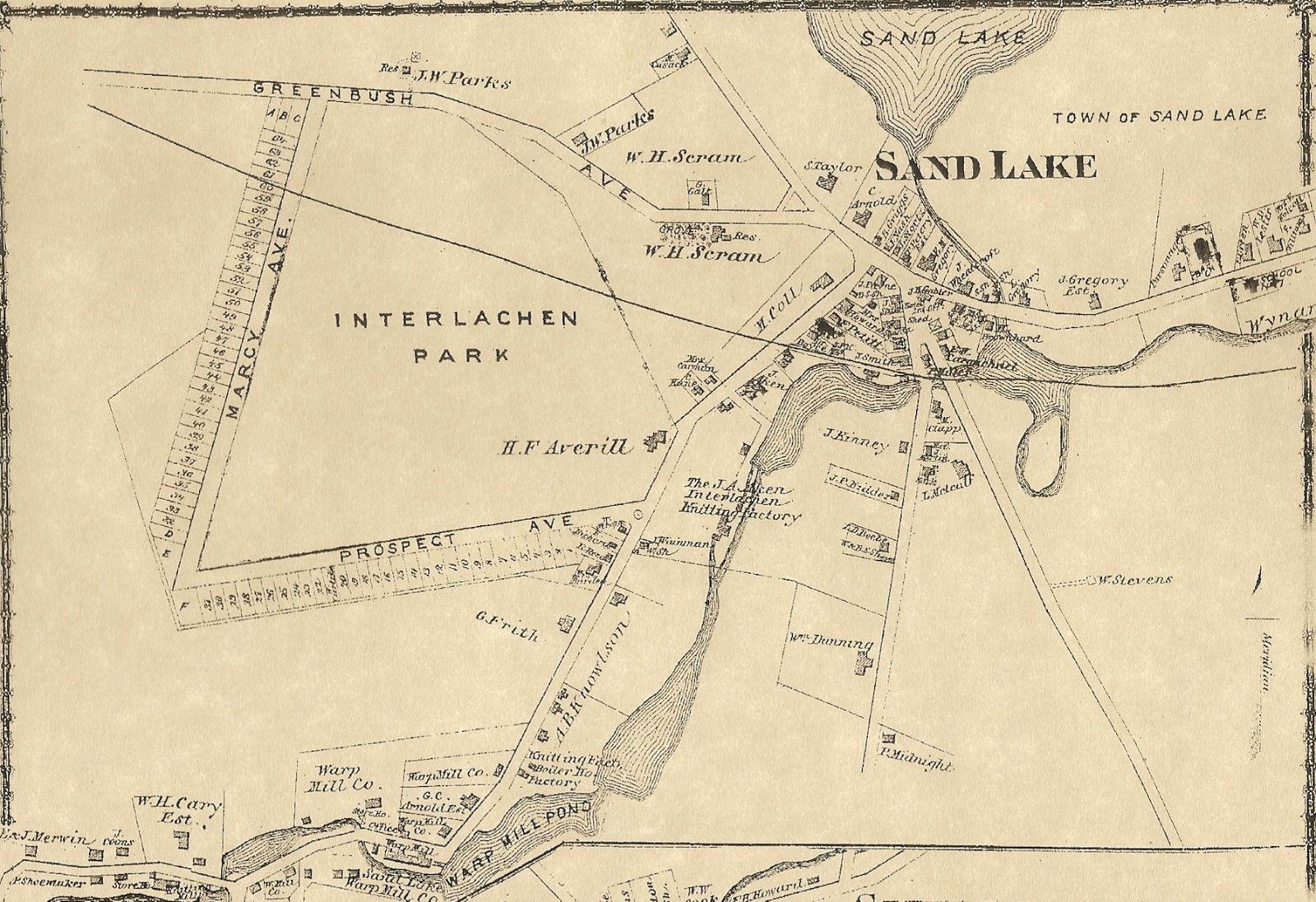 1876 Beers map of Sand Lake hamlet