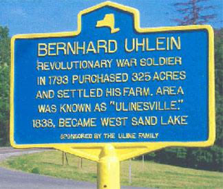 Historical marker for Bernhard Uhlein in West Sand Lake.