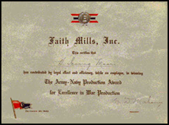 Faith Mills Army-Navy Production Award for efforts during WWII