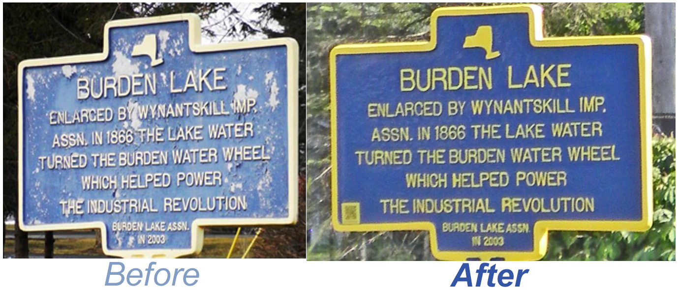 Burden Lake marker before and after
