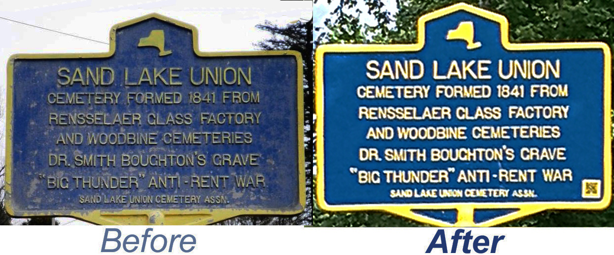 Sand Lake Union Cemetery marker before and after
