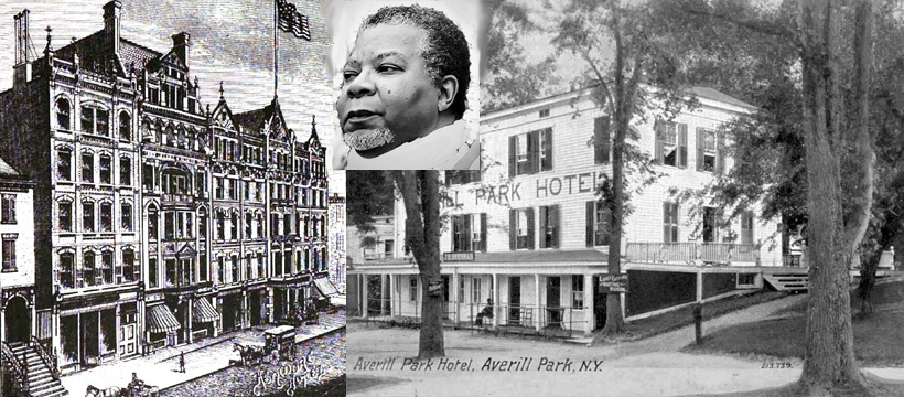 collage of Kenmore Hotel, Adam Blake, Jr. as portrayed by Actor Donal Hyman, and the Averill Park Hotel