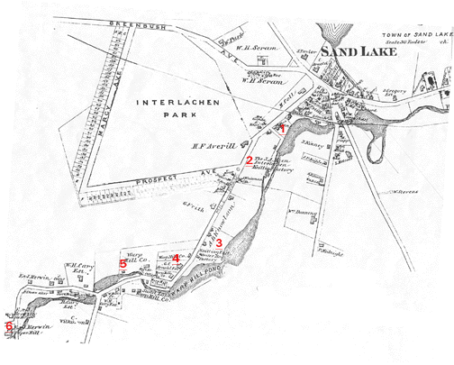 1876 map of mills along the Wynantskill Creek in Sand Lake