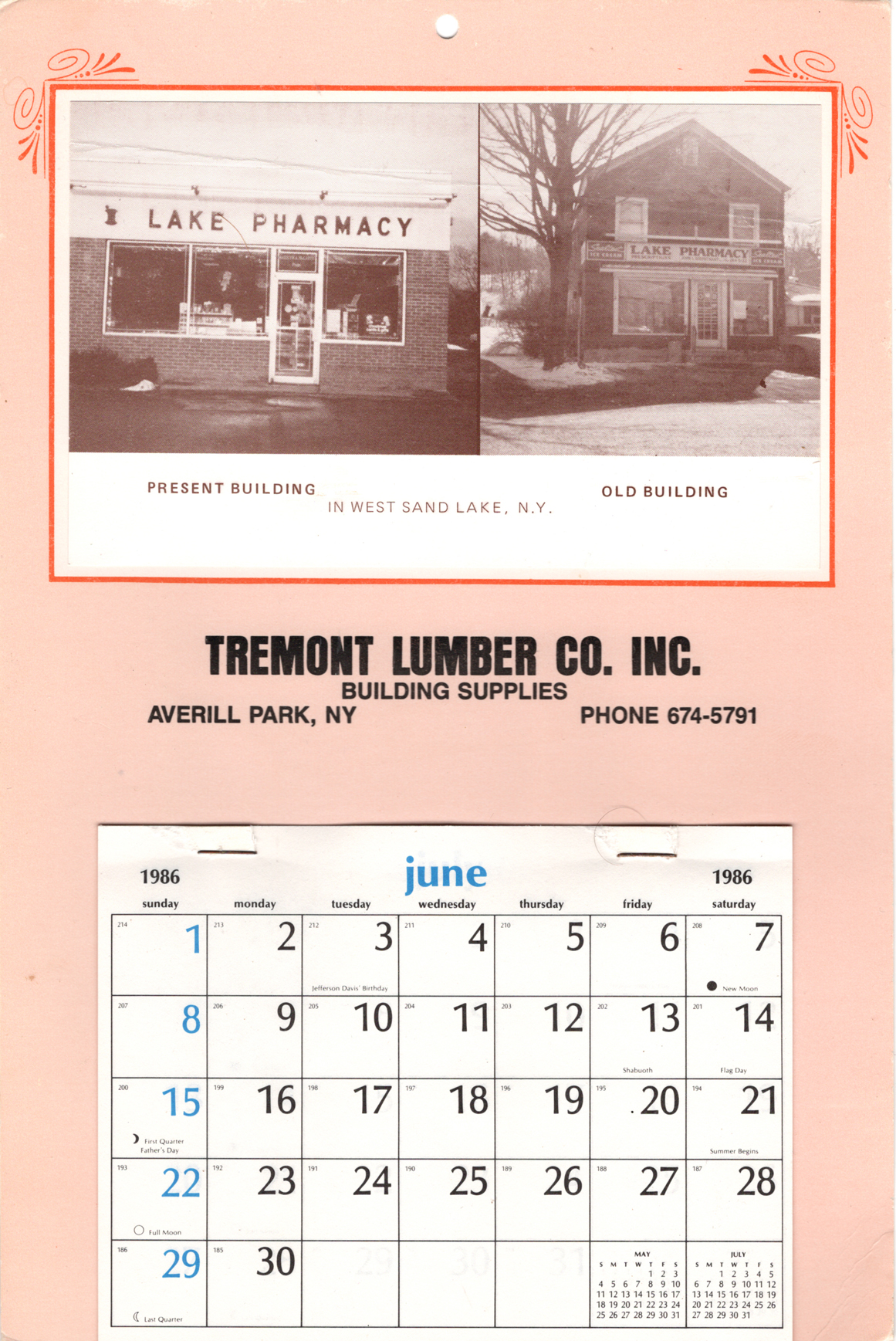 Tremont Lumber Company calendar from 1986.